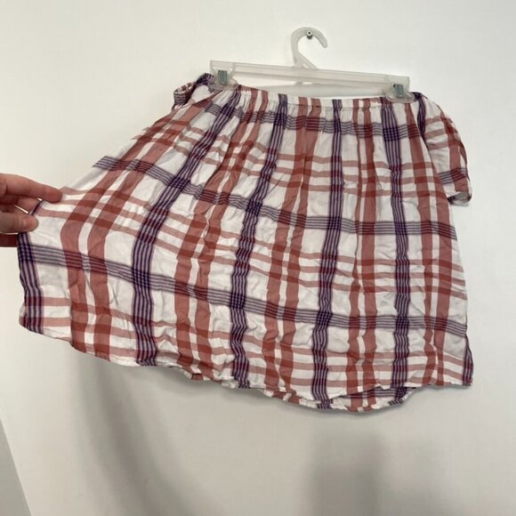 EXPRESS Plaid Off the Shoulder Blouse White Mauve Rose Pink Short Sleeve Summer - Picture 12 of 12